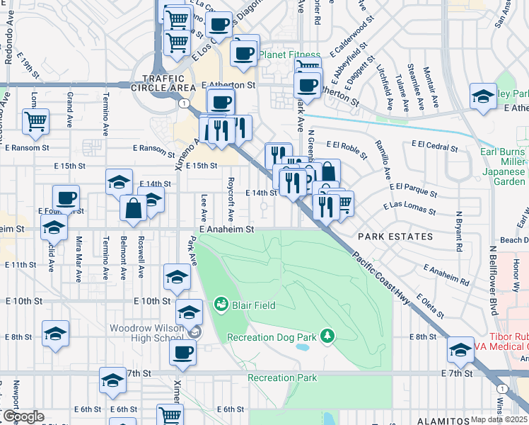 map of restaurants, bars, coffee shops, grocery stores, and more near 1364 Park Plaza Drive in Long Beach