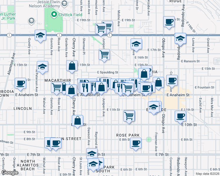 map of restaurants, bars, coffee shops, grocery stores, and more near 2435 East Anaheim Street in Long Beach