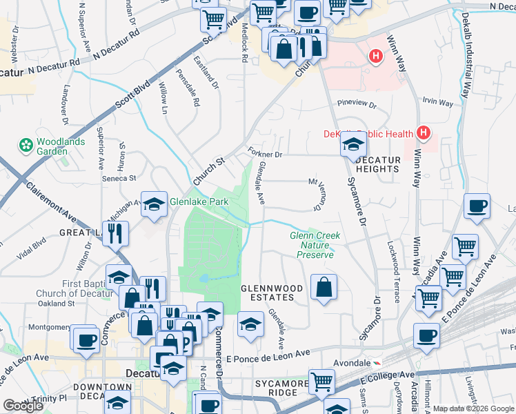 map of restaurants, bars, coffee shops, grocery stores, and more near 436 Glendale Avenue in Decatur