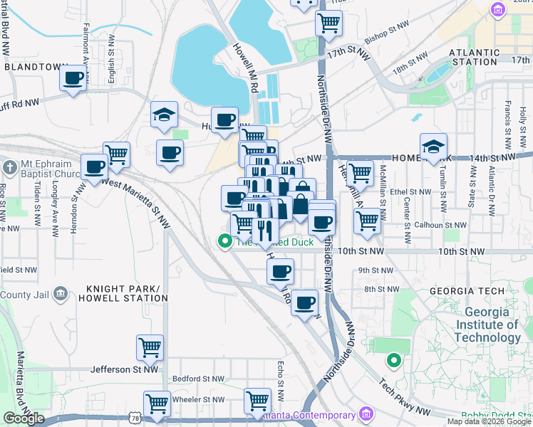 map of restaurants, bars, coffee shops, grocery stores, and more near 1055 Howell Mill Road in Atlanta