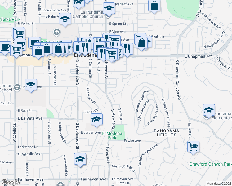 map of restaurants, bars, coffee shops, grocery stores, and more near 368 South Via El Modena in Orange