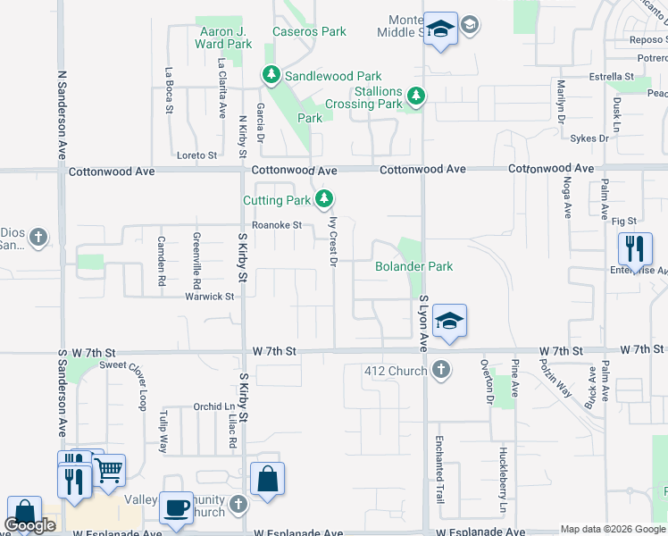 map of restaurants, bars, coffee shops, grocery stores, and more near 406 Ivy Crest Drive in San Jacinto