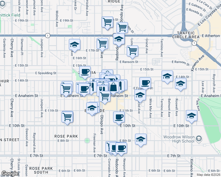 map of restaurants, bars, coffee shops, grocery stores, and more near 1342 Coronado Avenue in Long Beach