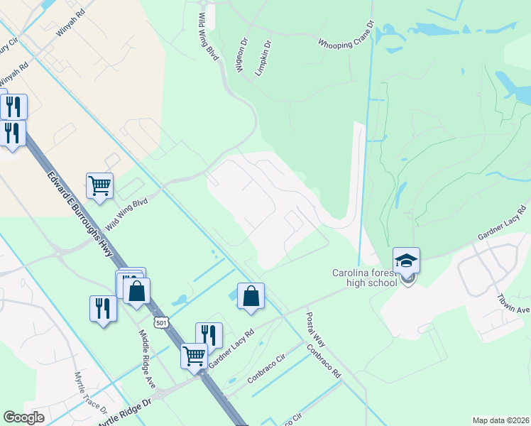 map of restaurants, bars, coffee shops, grocery stores, and more near 332 Wild Wing Boulevard in Conway