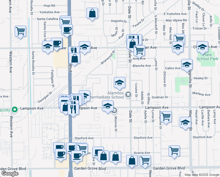 map of restaurants, bars, coffee shops, grocery stores, and more near 12360 Arrowhead Street in Stanton