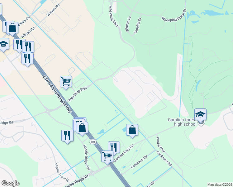 map of restaurants, bars, coffee shops, grocery stores, and more near 342 Wild Wing Boulevard in Conway