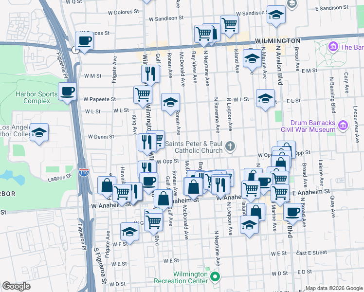 map of restaurants, bars, coffee shops, grocery stores, and more near 1034 Ronan Avenue in Los Angeles