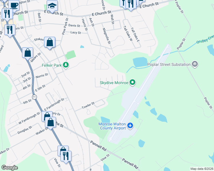 map of restaurants, bars, coffee shops, grocery stores, and more near 1005 Mill Creek Way in Monroe
