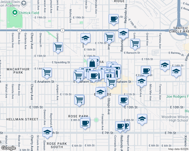 map of restaurants, bars, coffee shops, grocery stores, and more near 3001 East Anaheim Street in Long Beach