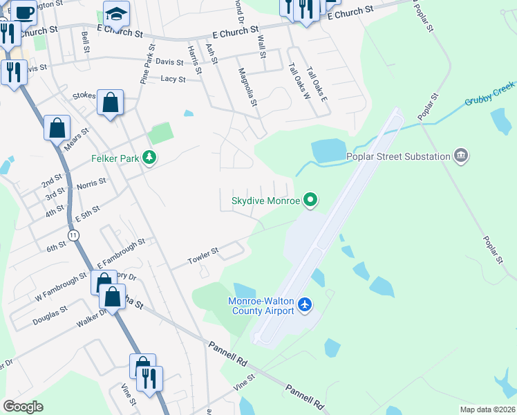 map of restaurants, bars, coffee shops, grocery stores, and more near 1010 Wheel House Lane in Monroe