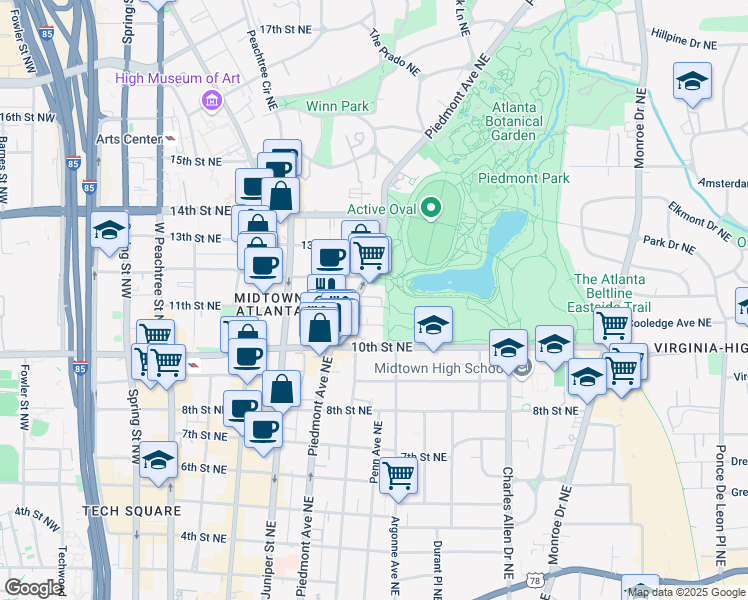 map of restaurants, bars, coffee shops, grocery stores, and more near 1055 Piedmont Avenue Northeast in Atlanta