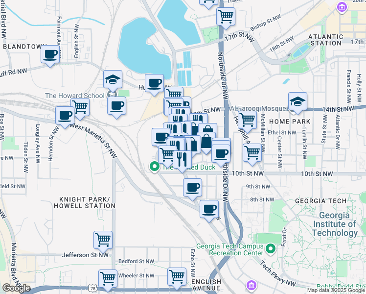 map of restaurants, bars, coffee shops, grocery stores, and more near 1055 Howell Mill Road in Atlanta