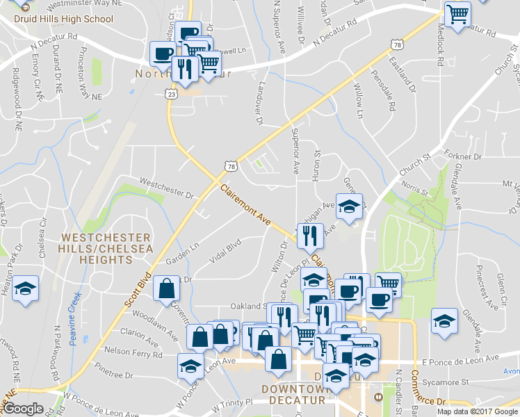 map of restaurants, bars, coffee shops, grocery stores, and more near 655 Clairemont Avenue in Decatur