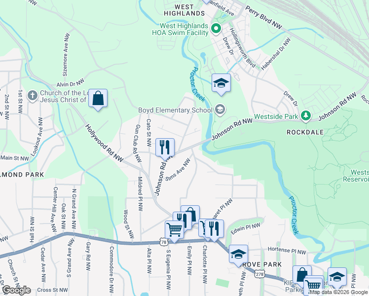 map of restaurants, bars, coffee shops, grocery stores, and more near in Atlanta