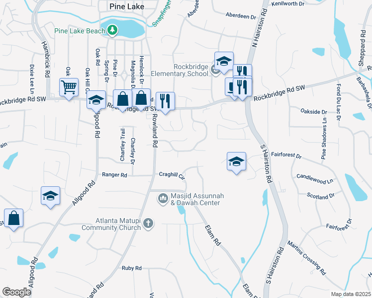 map of restaurants, bars, coffee shops, grocery stores, and more near 4605 Garden Hills Drive in Stone Mountain