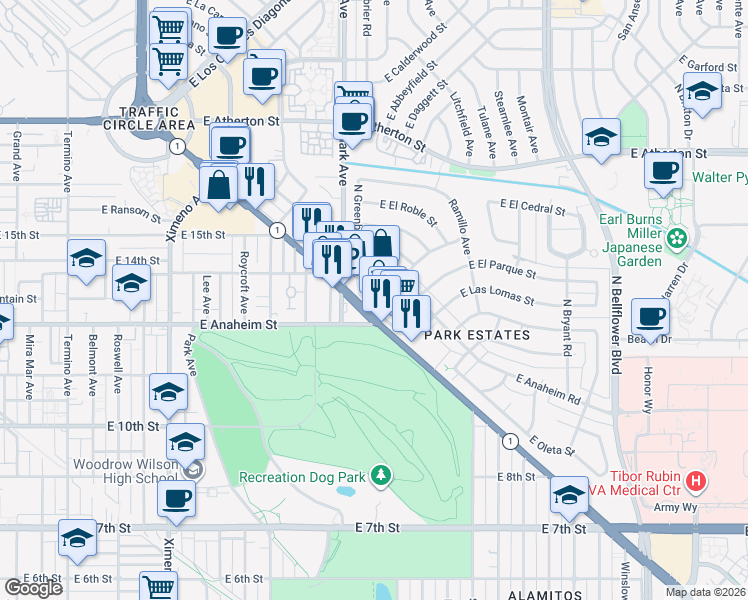 map of restaurants, bars, coffee shops, grocery stores, and more near in Long Beach