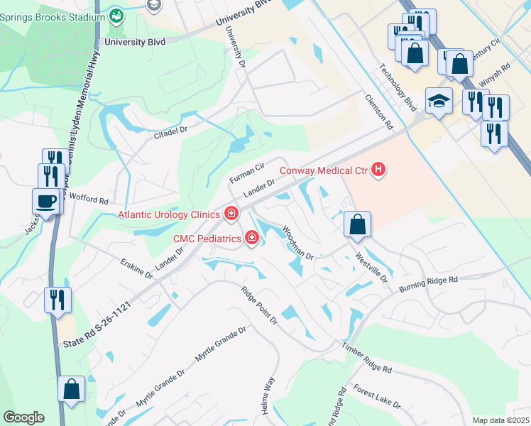 map of restaurants, bars, coffee shops, grocery stores, and more near 480 Myrtle Greens Drive in Conway
