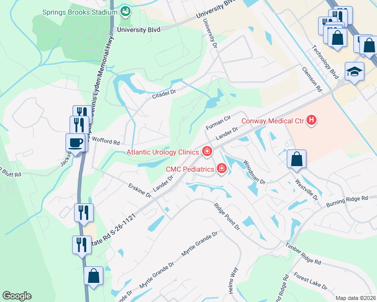 map of restaurants, bars, coffee shops, grocery stores, and more near 212 Lander Drive in Conway