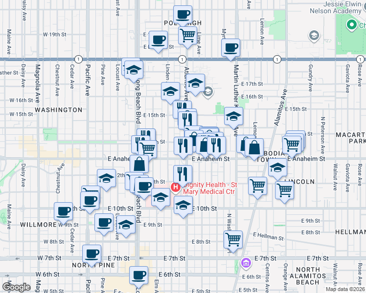 map of restaurants, bars, coffee shops, grocery stores, and more near 1347 Atlantic Avenue in Long Beach