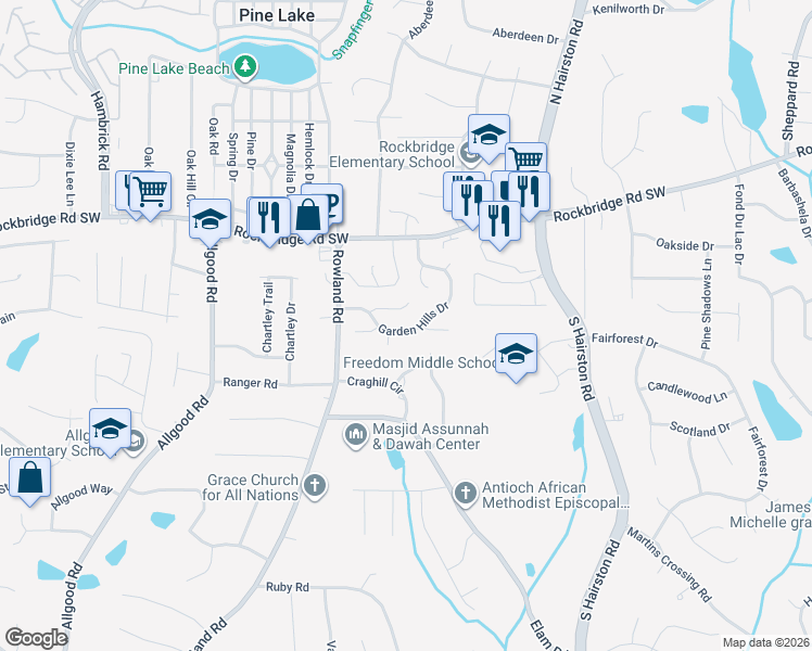 map of restaurants, bars, coffee shops, grocery stores, and more near 4602 Garden Hills Drive in Stone Mountain