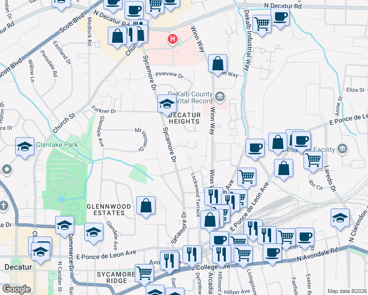 map of restaurants, bars, coffee shops, grocery stores, and more near 428 Lockwood Terrace in Decatur