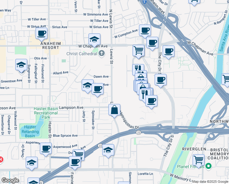 map of restaurants, bars, coffee shops, grocery stores, and more near 600 City Parkway West in Orange