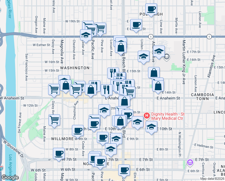map of restaurants, bars, coffee shops, grocery stores, and more near 1336 Locust Avenue in Long Beach