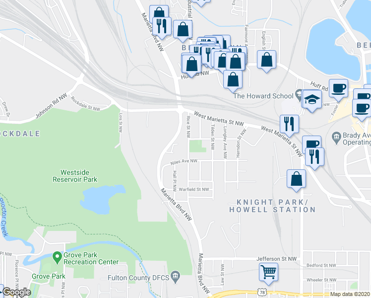 map of restaurants, bars, coffee shops, grocery stores, and more near 1040 Rice Street Northwest in Atlanta