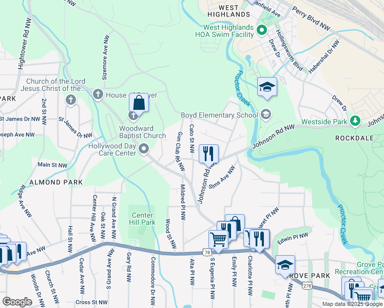 map of restaurants, bars, coffee shops, grocery stores, and more near Cato Street Northwest in Atlanta