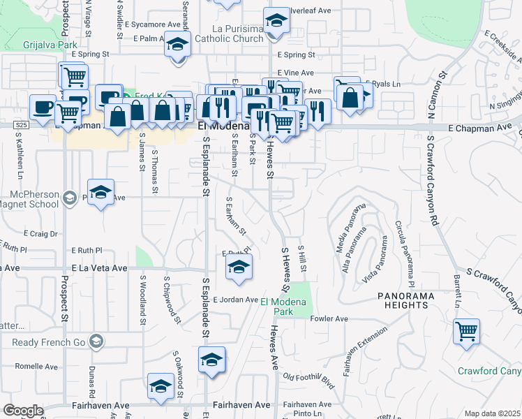 map of restaurants, bars, coffee shops, grocery stores, and more near 4344 East Constitution Avenue in Orange