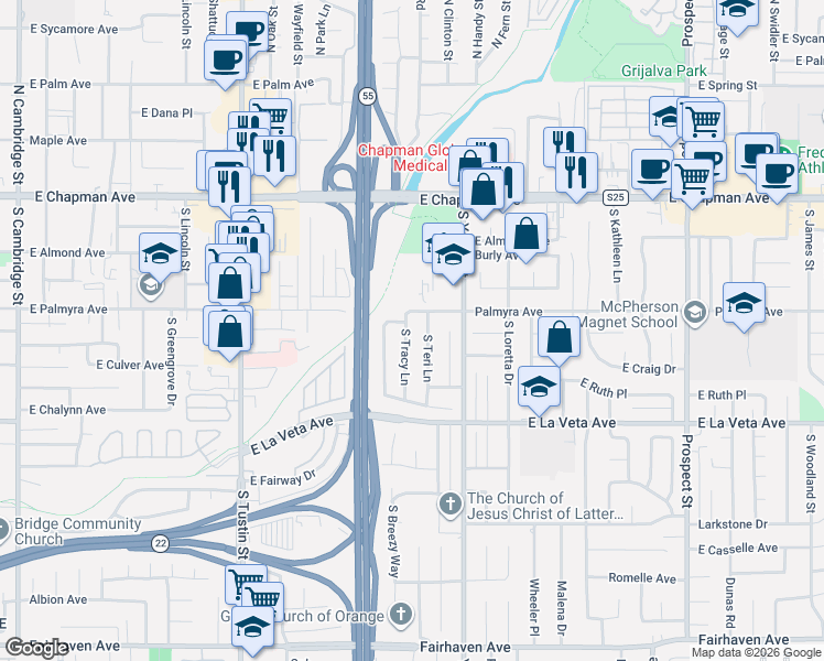 map of restaurants, bars, coffee shops, grocery stores, and more near 368 South Tracy Lane in Orange
