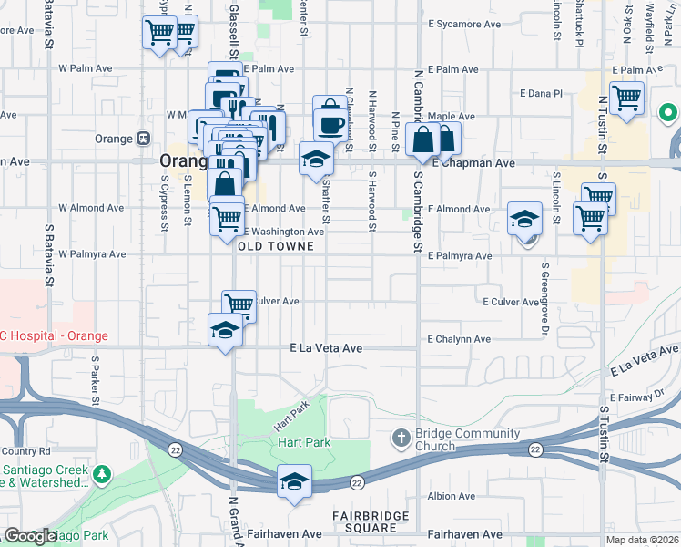 map of restaurants, bars, coffee shops, grocery stores, and more near 560 East Van Bibber Avenue in Orange