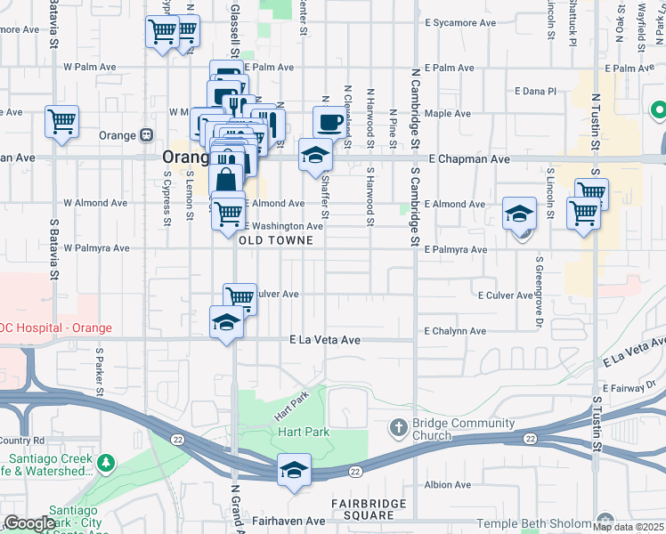 map of restaurants, bars, coffee shops, grocery stores, and more near 368 South Shaffer Street in Orange