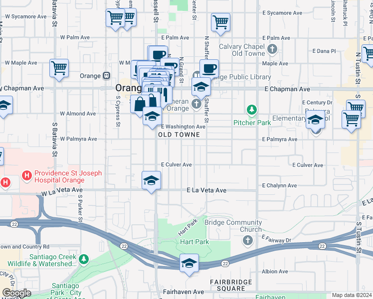 map of restaurants, bars, coffee shops, grocery stores, and more near 365 South Grand Street in Orange