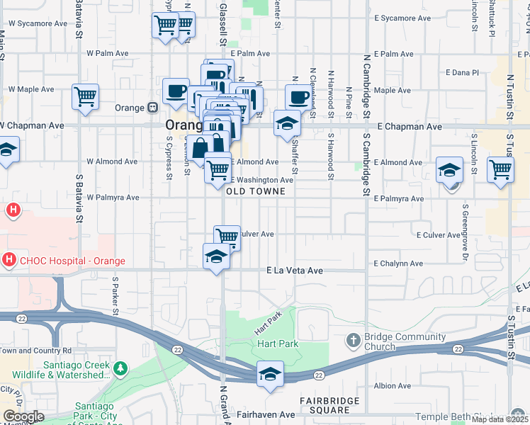 map of restaurants, bars, coffee shops, grocery stores, and more near 365 South Grand Street in Orange