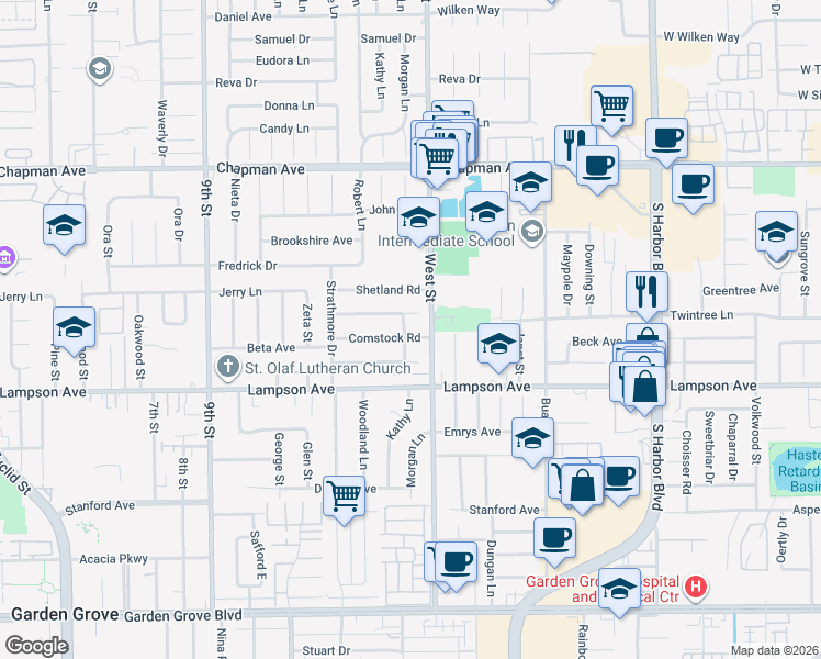 map of restaurants, bars, coffee shops, grocery stores, and more near 11962 Comstock Road in Garden Grove