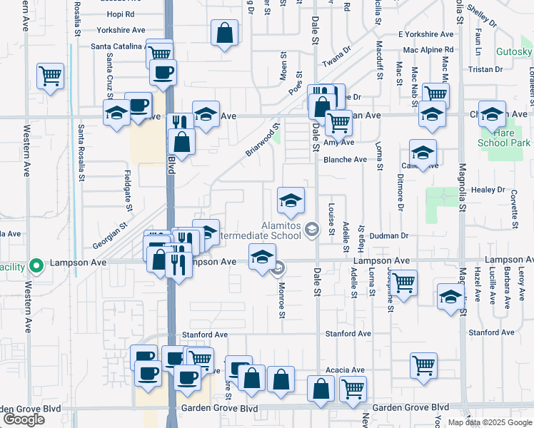 map of restaurants, bars, coffee shops, grocery stores, and more near 12360 Arrowhead Street in Stanton