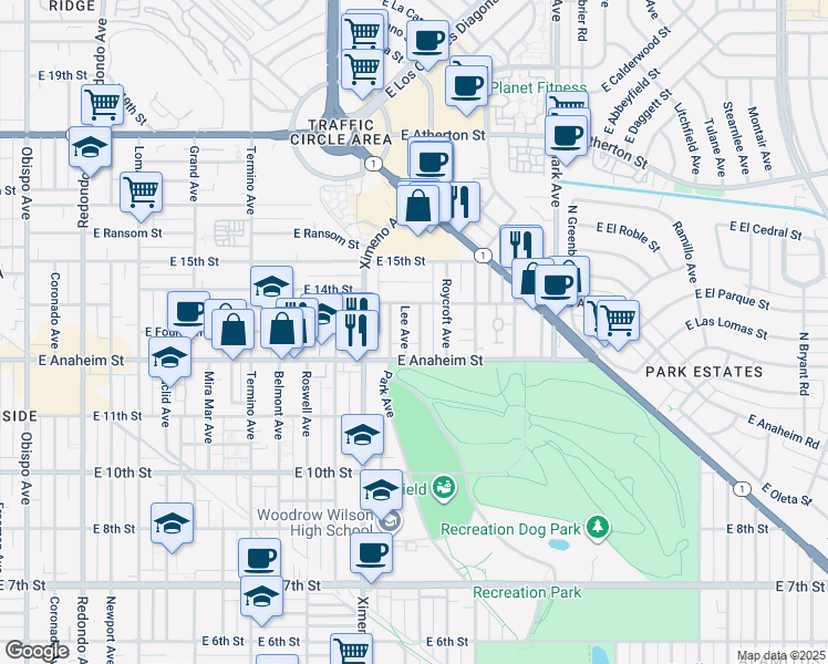 map of restaurants, bars, coffee shops, grocery stores, and more near 4515 East Anaheim Street in Long Beach