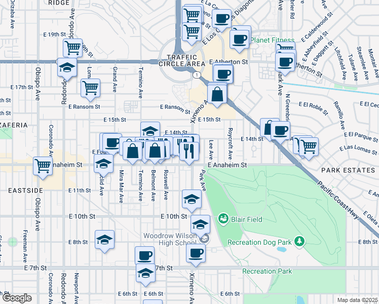 map of restaurants, bars, coffee shops, grocery stores, and more near in Long Beach