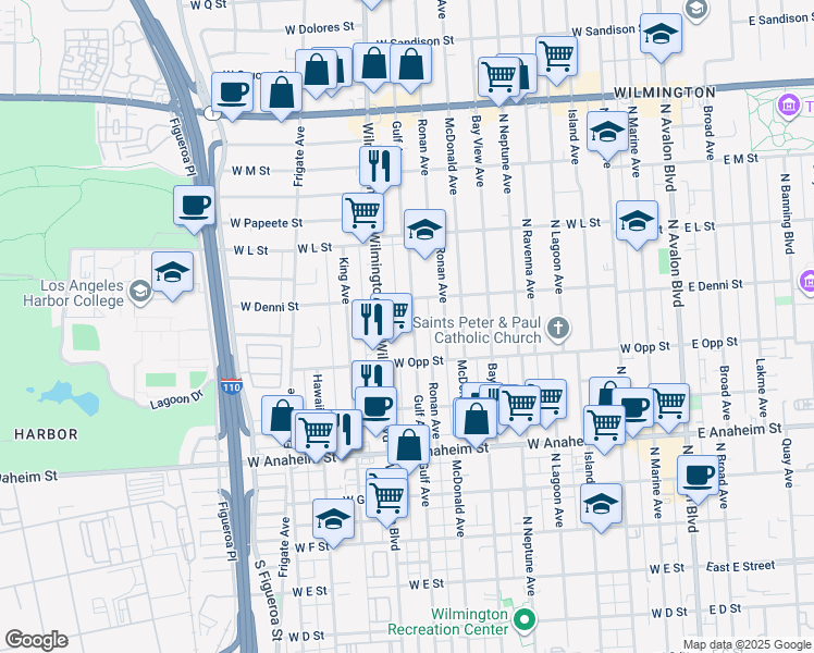 map of restaurants, bars, coffee shops, grocery stores, and more near 1019 Gulf Avenue in Los Angeles