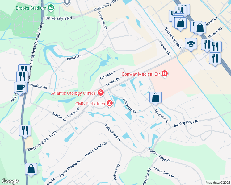 map of restaurants, bars, coffee shops, grocery stores, and more near 672 Woodman Drive in Conway