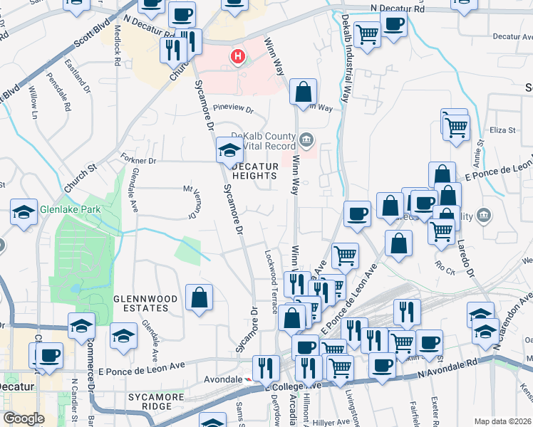 map of restaurants, bars, coffee shops, grocery stores, and more near 5 Grovemont Court in Decatur