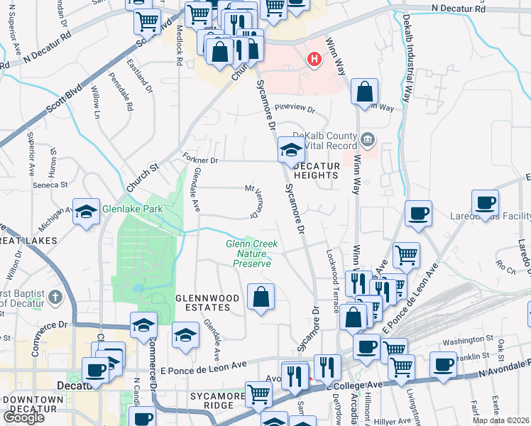 map of restaurants, bars, coffee shops, grocery stores, and more near 163 Mount Vernon Drive in Decatur