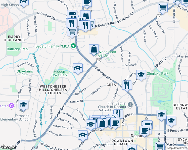 map of restaurants, bars, coffee shops, grocery stores, and more near 767 Scott Boulevard in Decatur