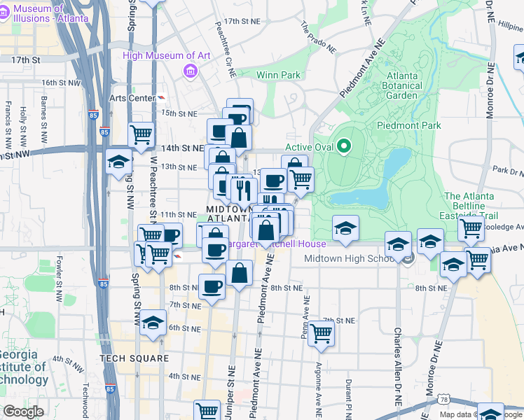 map of restaurants, bars, coffee shops, grocery stores, and more near 191 11th Street Northeast in Atlanta