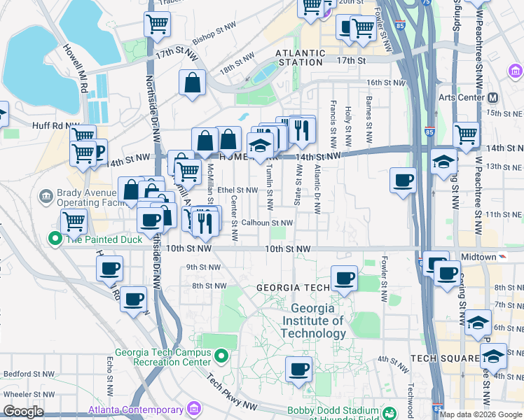 map of restaurants, bars, coffee shops, grocery stores, and more near 1033 Tumlin Street Northwest in Atlanta