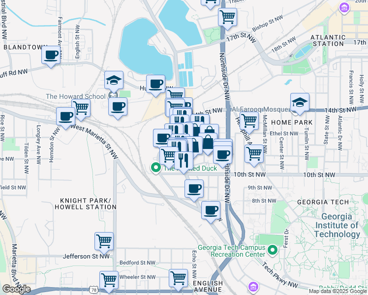 map of restaurants, bars, coffee shops, grocery stores, and more near 724 11th Street Northwest in Atlanta