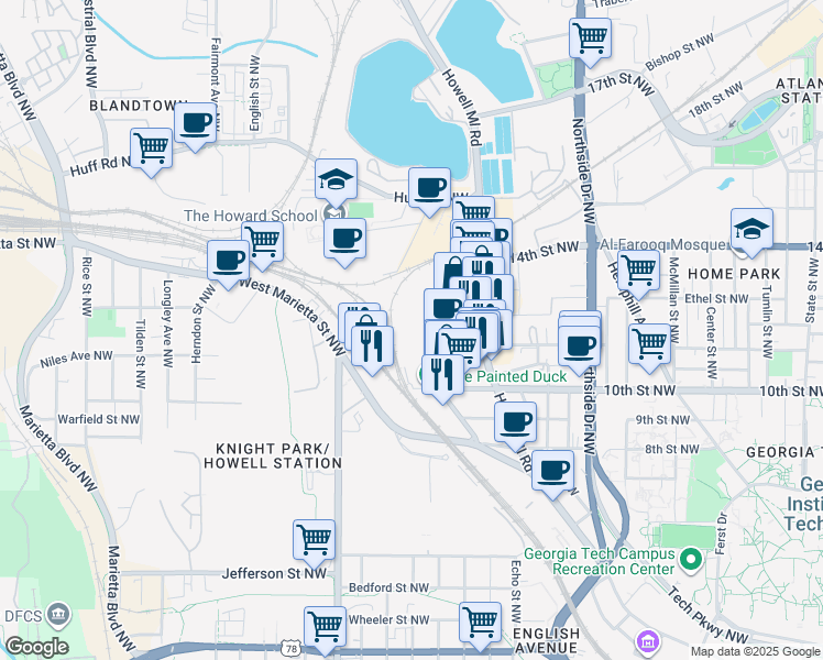 map of restaurants, bars, coffee shops, grocery stores, and more near 1008 Brady Avenue Northwest in Atlanta