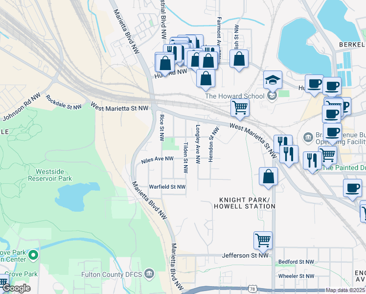 map of restaurants, bars, coffee shops, grocery stores, and more near 1187 Niles Avenue Northwest in Atlanta
