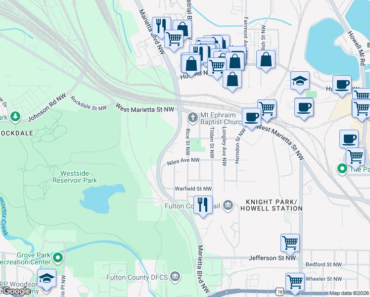 map of restaurants, bars, coffee shops, grocery stores, and more near 1040 Rice Street Northwest in Atlanta